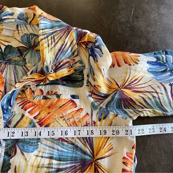 Chicos Jacket Women PMedium Linen Palm Print Snap Front Safari Roll Tab Sleeve - Picture 9 of 12
